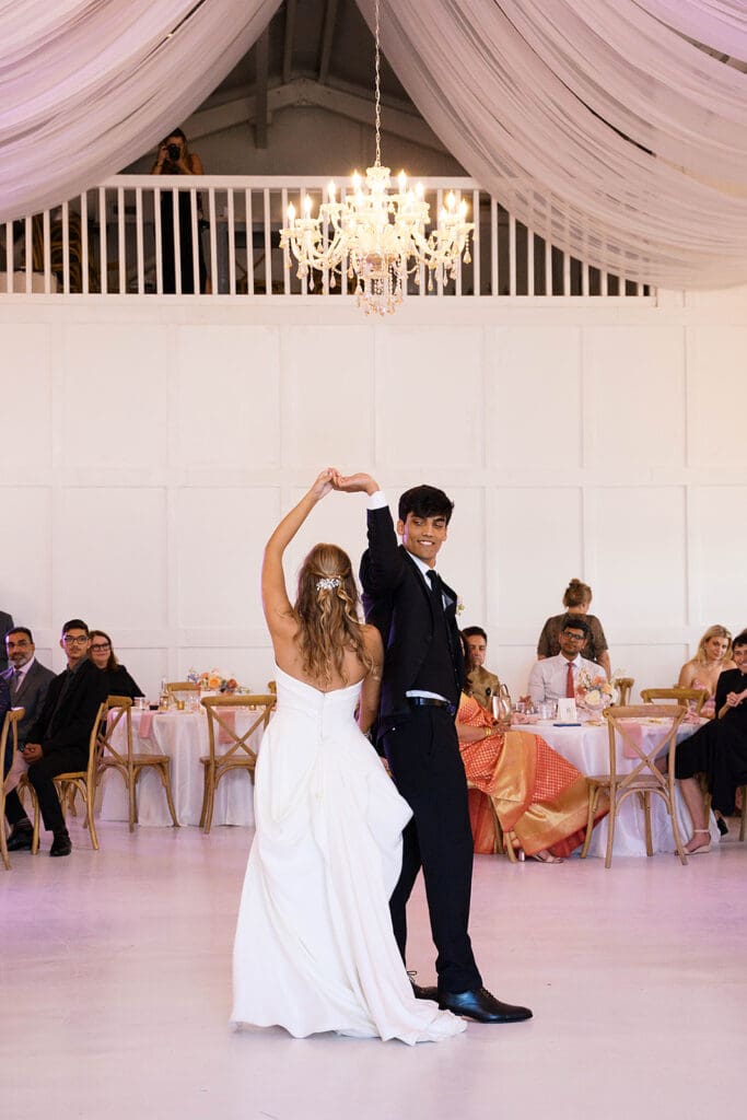 portrait of the newlyweds at their dream wedding reception