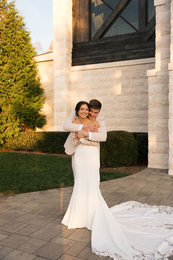 bride and groom hugging during their bridal session