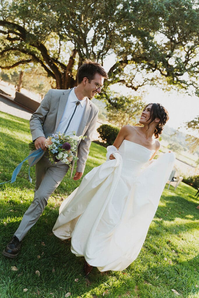 cute picture of the newlyweds smiling at each other